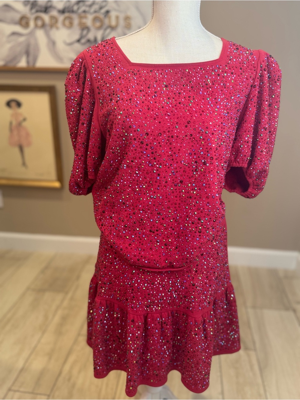 QUEEN OF SPARKLES Red Full Rhinestone Puff-Sleeve Skirt Set - Picture 7 of 12
